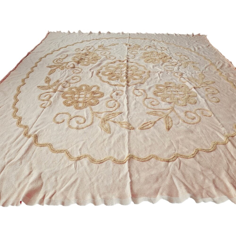 Vintage Chenille Twin bedspread Himalaya Hand woven fringed blanket Peach